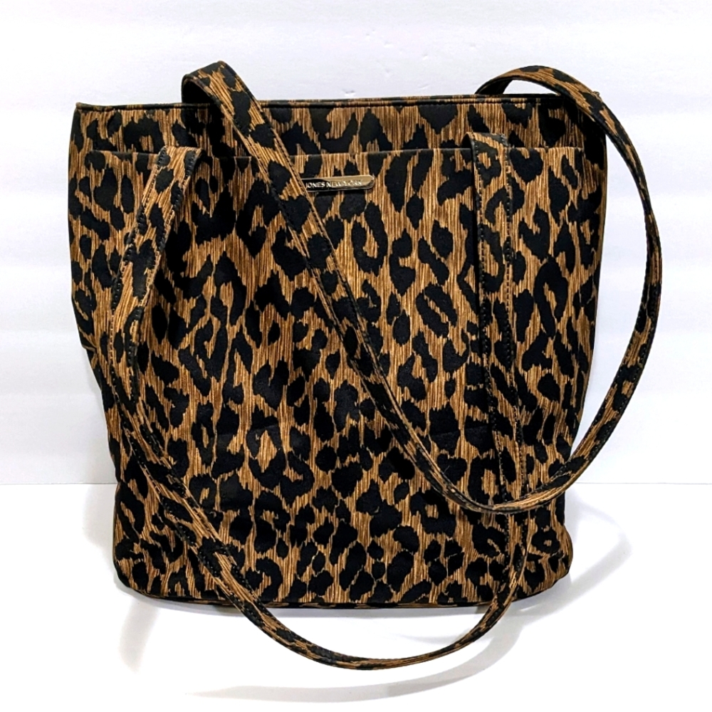 Jones New York Leopard Print Shoulder Bag Purse Nylon Fabric Brown and Black